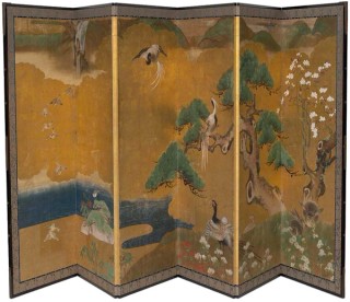 Kanō School, Japan / Pair of six-fold screens with birds and rabbits 17th century / Gold leaf, ink and colour on paper on wooden framed screens /168.5 x 358cm / Gift of James Fairfax AC through the Queensland Art Gallery | Gallery of Modern Art Foundation 2018 / Collection: Queensland Art Gallery | Gallery of Modern Art