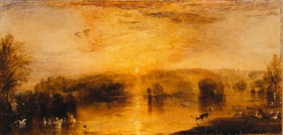 Joseph Mallord William Turner / England, 1775–1851 / The Lake, Petworth: Sunset, a Stag Drinking c.1829 / Oil paint on canvas / 48.6 x 153.4 x 7.5cm (framed) / T03884 / Accepted by HM Government in lieu of tax and allocated to the Tate Gallery 1984. In situ at Petworth House / Collection: Tate / © Photo ©Tate