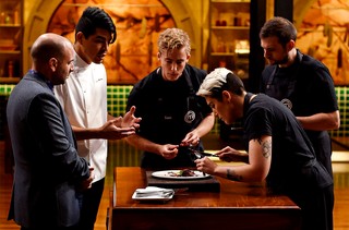 QAGOMA Executive Chef Josue Lopez with judges and contestants during Masterchef Series 9 – Ep 22 Pressure Test / Photograph: Martin Philbey