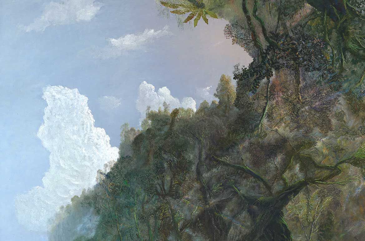 William Robinson, Australia 1936-2025 / Rainforest and mist in afternoon light (detail) 2002 / Oil on linen / 167.5 x 243.5cm / Purchased 2017. QAGOMA Foundation / Collection: Queensland Art Gallery | Gallery of Modern Art / © William Robinson Estate