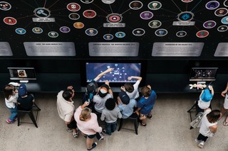 ‘Decoding the Cinematic Universe’ was an interactive display developed by QAGOMA in conjunction with the Queensland University of Technology for ‘Marvel: Creating the Cinematic Universe’. It enabled visitors to explore the attributes of their favourite characters and discover the complex connections between them, GOMA, May 2017 / Photograph: J Ruckli