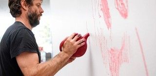The pastel mural, a gentle palate of pinks and blues, a homage to Margart Olley has been made by using objects cast in chalk and using these cast jugs and vases as drawing tools.