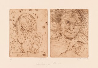 Arthur Boyd, Australia 1920-99 (right image) / John Olsen, Australia 1928-2023 (left image) / Boyd by Olsen and Olsen by Boyd c.1979 / Etching on cream wove paper / 52.8 x 75.3cm (overall) / Gift of John Olsen 1979 / Collection: Queensland Art Gallery | Gallery of Modern Art / © Arthur Boyd’s work reproduced with the permission of Bundanon Trust www.bundanon.com.au / © John Olsen/Copyright Agency