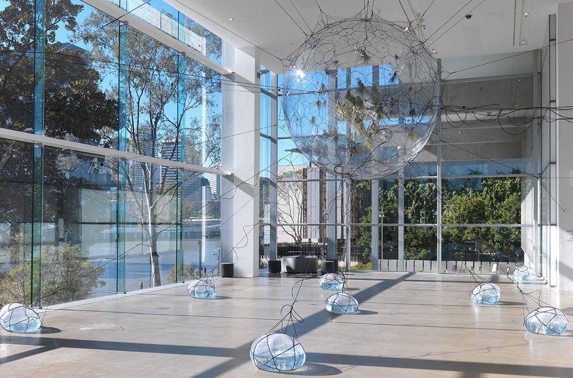 Tomás Saraceno, Argentina b.1973 / Biosphere 02 2009 / PVC, rope, nylon monofilament, acrylic, Tillandsia plants, air pressure regulator system, hydration system / Purchased 2014 with funds from Tim Fairfax, AC, through the Queensland Art Gallery | Gallery of Modern Art Foundation / Collection: Queensland Art Gallery | Gallery of Modern Art / © Tomás Saraceno