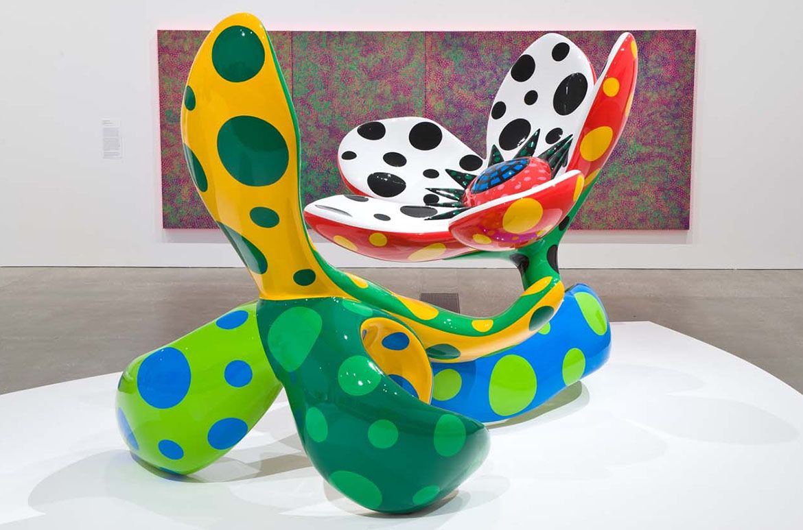 Yayoi Kusama’s Flowers that bloom at midnight 2011, GOMA, 2011 / Photograph: Natasha Harth / Yayoi Kusama, Japan b.1929 / Fibreglass-reinforced plastic, urethane paint, metal frame / Purchased 2012 with funds from the Josephine Ulrick and Win Schubert Diversity Foundation through the Queensland Art Gallery Foundation / Collection: Queensland Art Gallery / © Yayoi Kusama