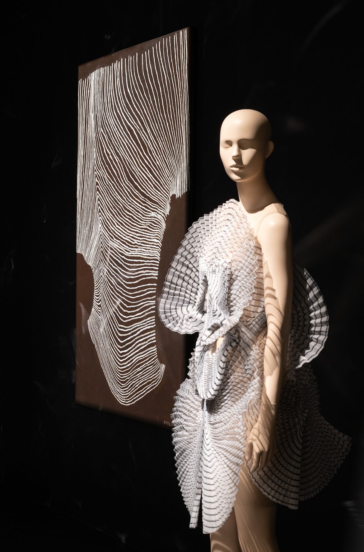 Doris Platt’s Goanna skin 2008 and Iris van Herpen’s Moiré dress, from the ‘Seijaku’ collection 2016 installed in ‘Iris van Herpen: Sculpting the Senses’, GOMA 2024 / Photograph: N Umek © QAGOMA