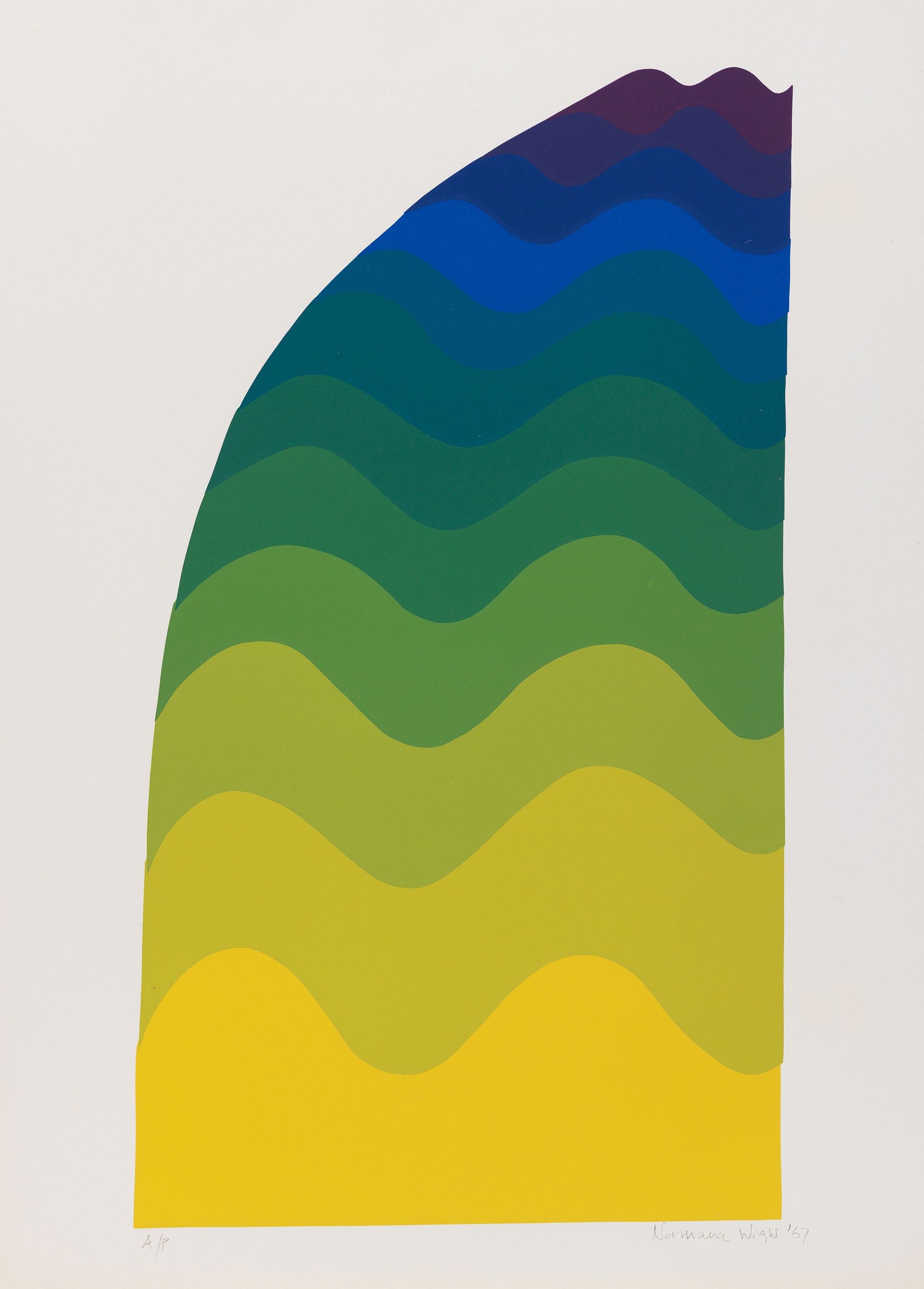 Normana Wight, Australia 1936-2026 / Untitled - yellow violet 1967 / Screenprint on paper / 67 x 38cm / Gift of the artist through the QAG Foundation 2012. Donated through the Australian Government's Cultural Gifts Program / Collection: Queensland Art Gallery | Gallery of Modern Art / © Normana Wight Estate