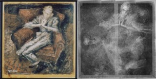 Radiographic image of William Dobell’s The Cypriot 1940 showing abandoned underpainting of Boy lounging and his gouache on cardboard Study for ‘Boy lounging’ 1937 from The Art Gallery of New South Wales collection