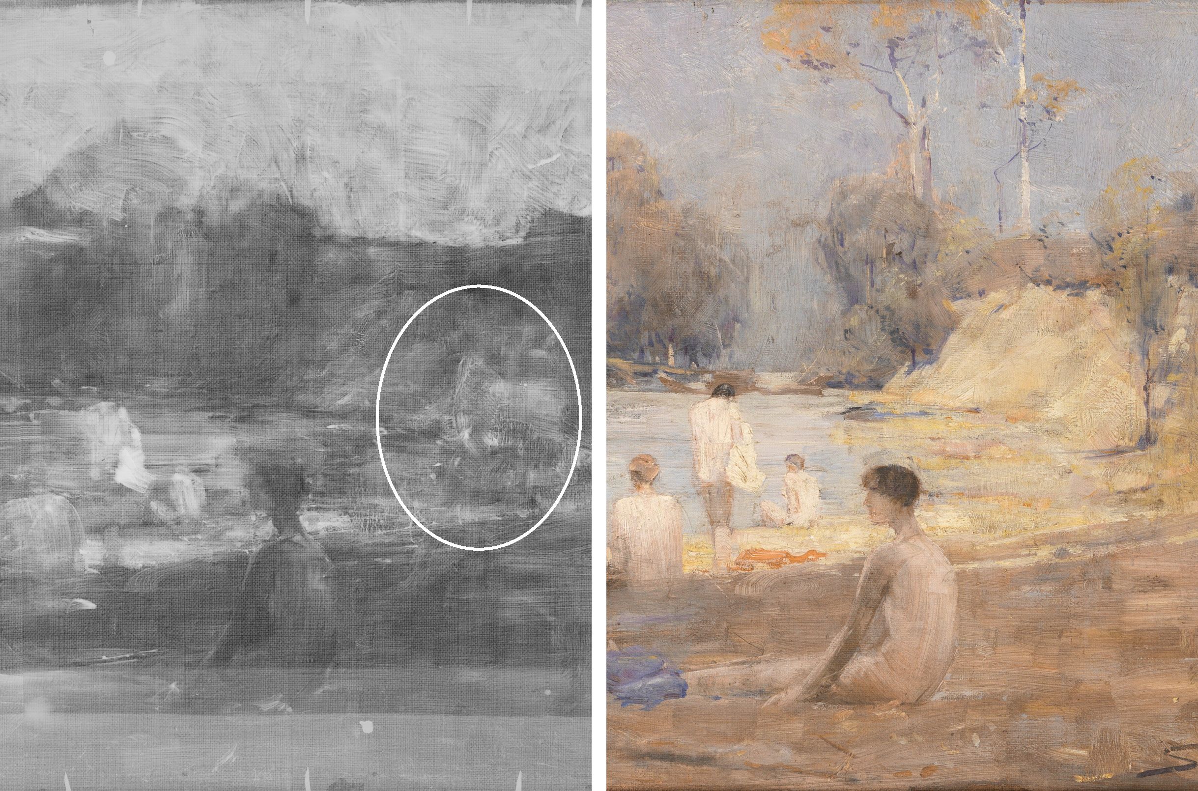 Arthur Streeton, Australia 1867-1943 / The bathers 1891 / Oil on canvas / 31.2 x 62.6 cm / Purchased 1951. Maria Theresa Treweeke Bequest / Collection: Queensland Art Gallery | Gallery of Modern Art