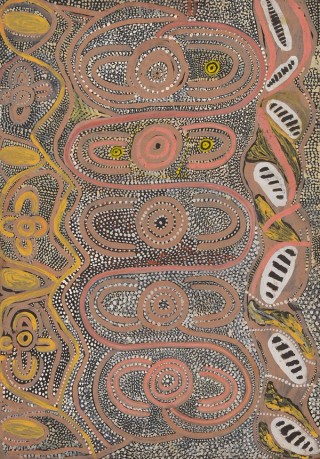 Johnny Warangkula Tjupurrula, Luritja people, Australia c.1918–2001 / Women's ceremony in a cave 1971 / Synthetic polymer powder paint on composition board / 46 x 34cm / Purchased 2021 with the support of the Australian Government through the National Cultural Heritage Account and the QAGOMA Foundation / Collection: Queensland Art Gallery | Gallery of Modern Art / © Estate of Johnny Warangkula Tjupurrula/Licensed by Aboriginal Artists Agency