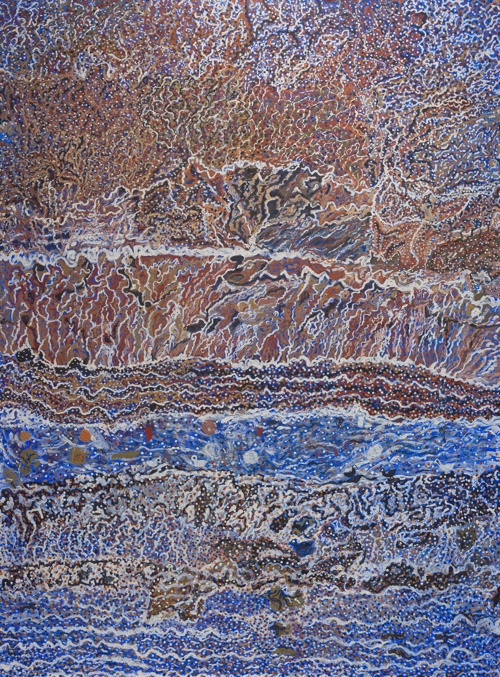 Mavis Ngallametta, Kugu-Uwanh people, Putch clan, 1944 - 2019 / Wutan #2 2014 / Natural pigments and charcoal with acrylic binder on linen primed in synthetic polymer paint / 272 x 200cm / Purchased 2015 with funds from Cathryn Mittelheuser, AM, through the QAGOMA Foundation / Collection: Queensland Art Gallery | Gallery of Modern Art / © Mavis Ngallametta Estate