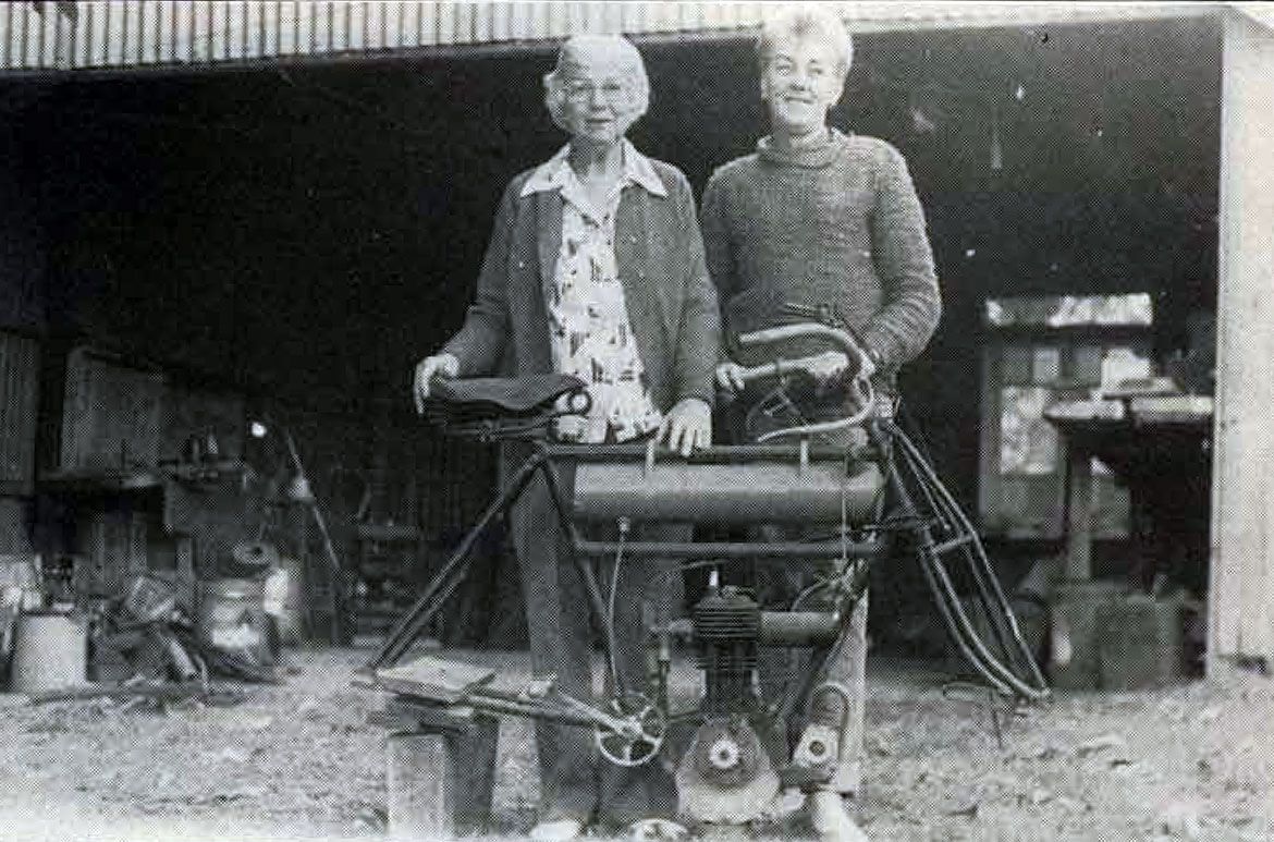 Mrs Lillian Steward, David Spencer’s daughter left, and Mrs Lyle Gray, David Spencer’s granddaughter pictured outside the Haig Street workshop where ‘The Spencer’ motorcycles were manufactured / Photograph: Paul Reed