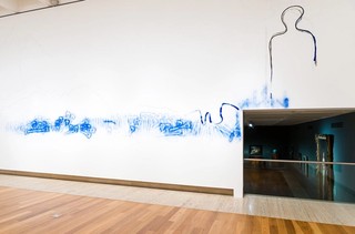 D Harding, Bidjara, Ghungalu and Garingbal peoples, Australia b.1982 / Wall Composition in Reckitt’s Blue (detail) 2017 / Reckitt’s Blue laundry powder, charcoal and Grevillea robusta resin, incision into wall / Commissioned 2017 with funds from anonymous donors through the Queensland Art Gallery | Gallery of Modern Art Foundation / Collection: Queensland Art Gallery | Gallery of Modern Art / © D Harding