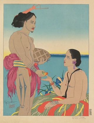 Paul Jacoulet, France 1896-1960 / Amoureux a Tarang. Yap. Quest Carolines 1935 / Colour woodcut on Japanese paper / 43 x 33cm / Purchased 2023 with funds from the Airey Family through the QAGOMA Foundation / Collection: Queensland Art Gallery | Gallery of Modern Art / © Paul Jacoulet/ADAGP/Copyright Agency