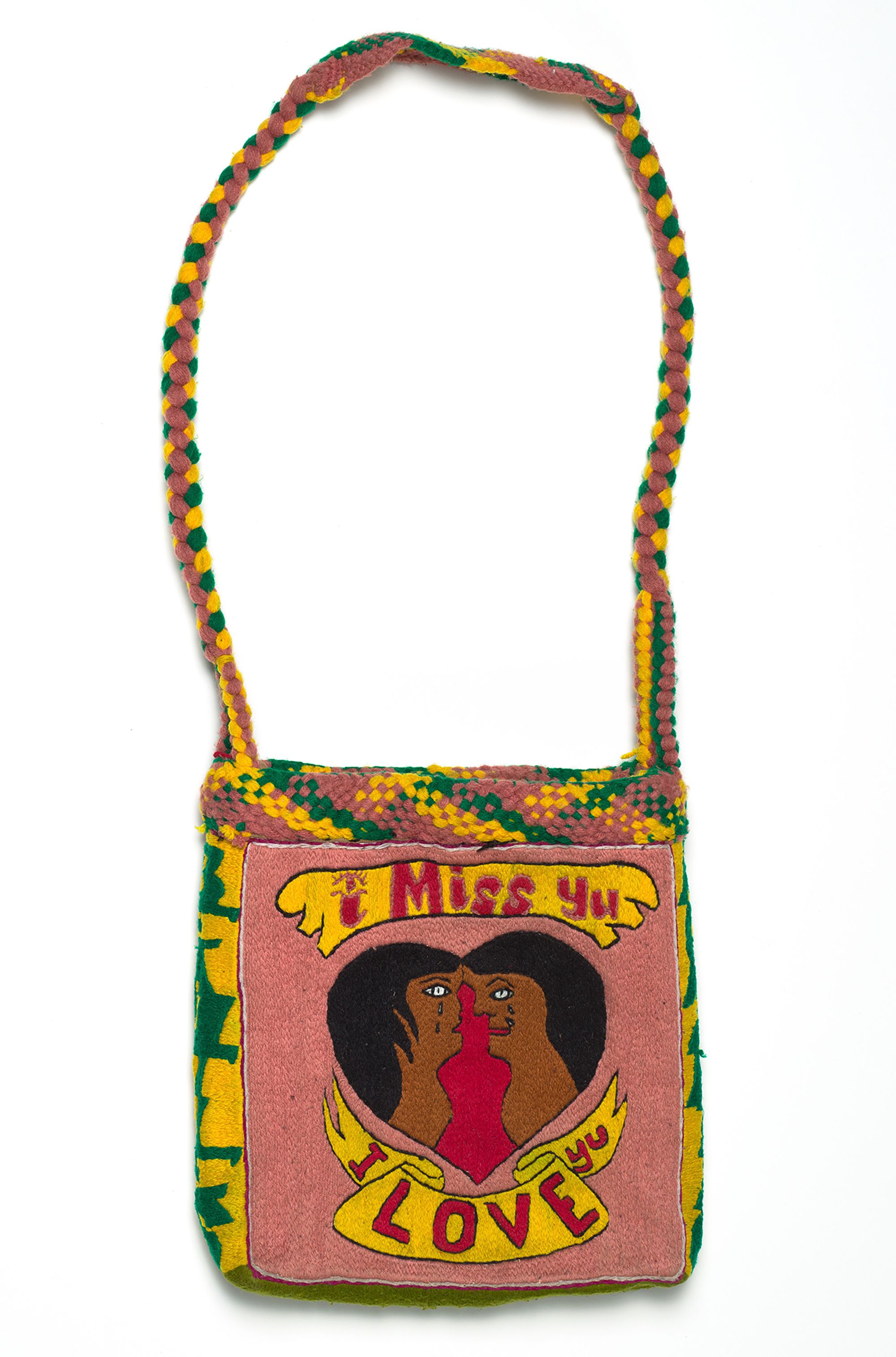 Sospen Wai, Papua New Guinea / Miss yu love c.2012 / Bag: cotton and synthetic thread on rice bag with cardboard insert and synthetic lining / 65 x 23 x 6.5cm / Purchased 2014. QAGOMA Foundation / Collection: Queensland Art Gallery | Gallery of Modern Art / © Sospen Wai