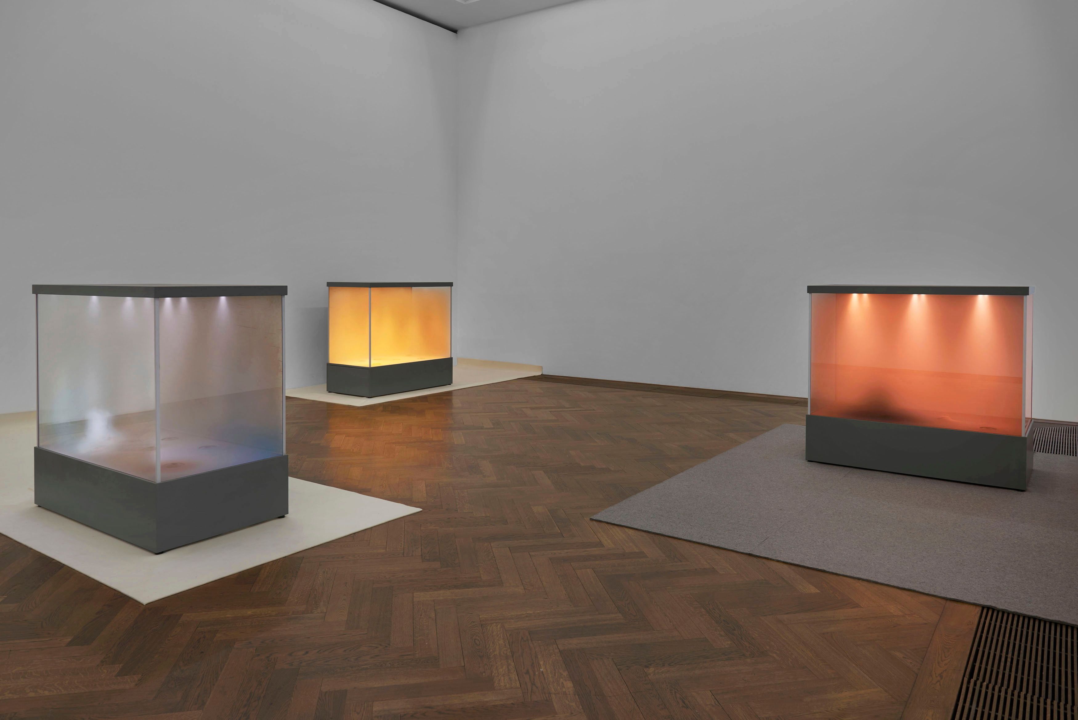 Dora Budor/ Croatia b.1984 / Origin I (A Stag Drinking); Origin II (Burning of the Houses); Origin III (Snow Storm) 2019 / Custom environmental chamber
(reactive electronic system, compressor, valves, 3D-printed elements, aluminium, acrylic, LED light, glass, wood, paint), organic and synthetic pigments, diatomaceous earth, FX dust, felt, ed. 3/3 / Three chambers: 152 x 160 x 86cm (each) / Purchased 2021. Queensland Art Gallery | Gallery of Modern Art Foundation