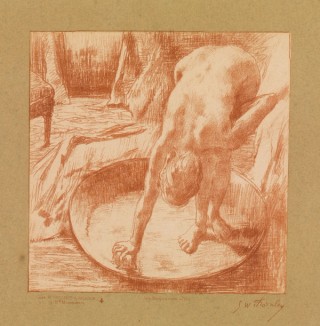 after Edgar Degas, Artist, France 1834-1917 / Georges William Thornley, Lithographer, 1857-1935 / Le Bain (The bath) c.1888, published 1889 (in ‘Quinze lithographies d’après Degas’ (Paris: Boussod & Valadon)) / Crayon manner lithograph (from transfer paper); printed in red/brown ink on paper (chine collé), laid down on green paper backing sheet / 20.3 x 20.2cm (comp.) / Gift of the Margaret Olley Art Trust through the QAG Foundation 2012 / Collection: Queensland Art Gallery | Gallery of Modern Art