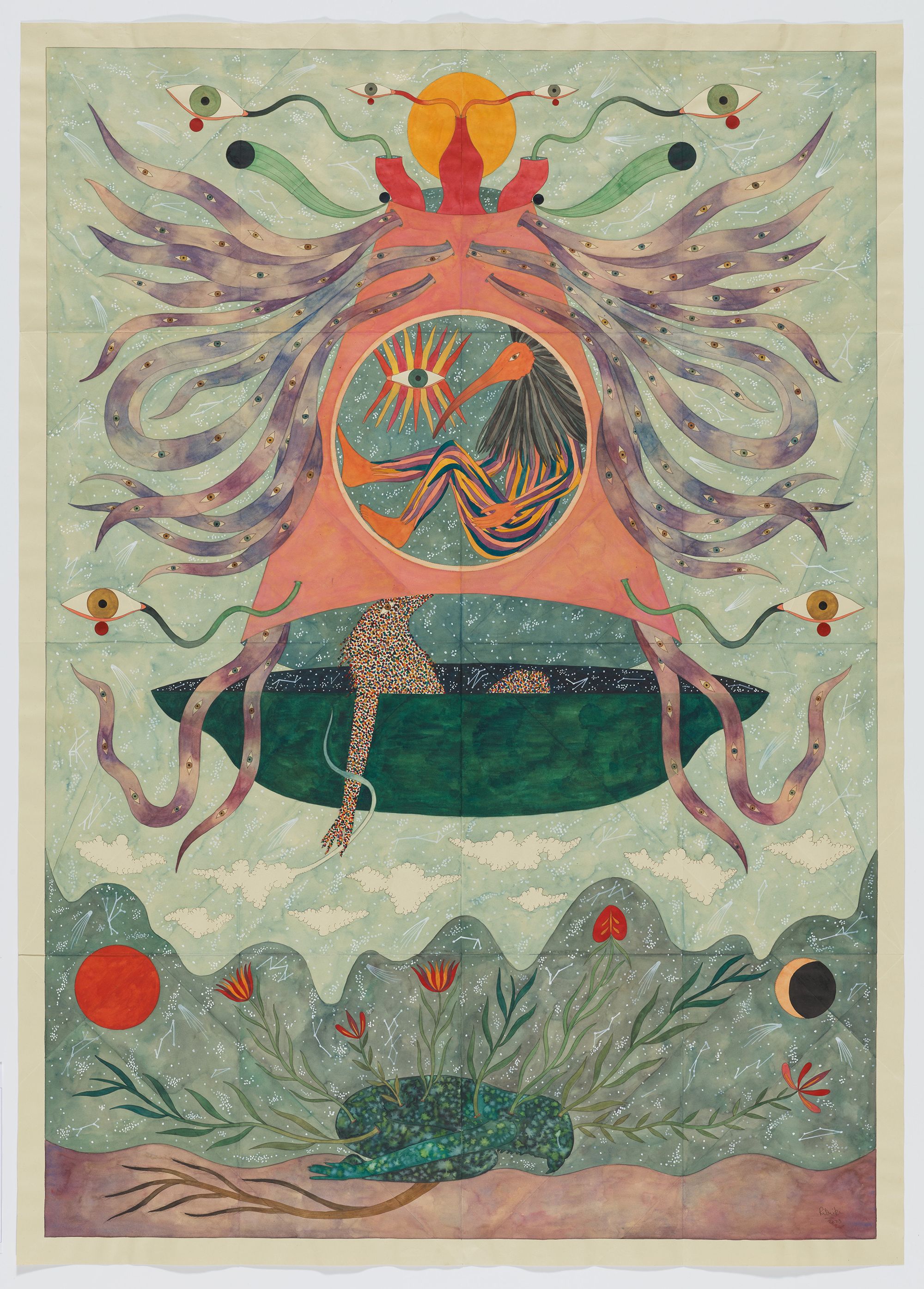 Rithika Merchant, India b.1986 / Vimana 2023 / Gouache, watercolour and ink on paper / 140 × 100cm / The Taylor Family Collection. Purchased 2024 with funds from Paul, Sue and Kate Taylor through the QAGOMA Foundation / © Rithika Merchant