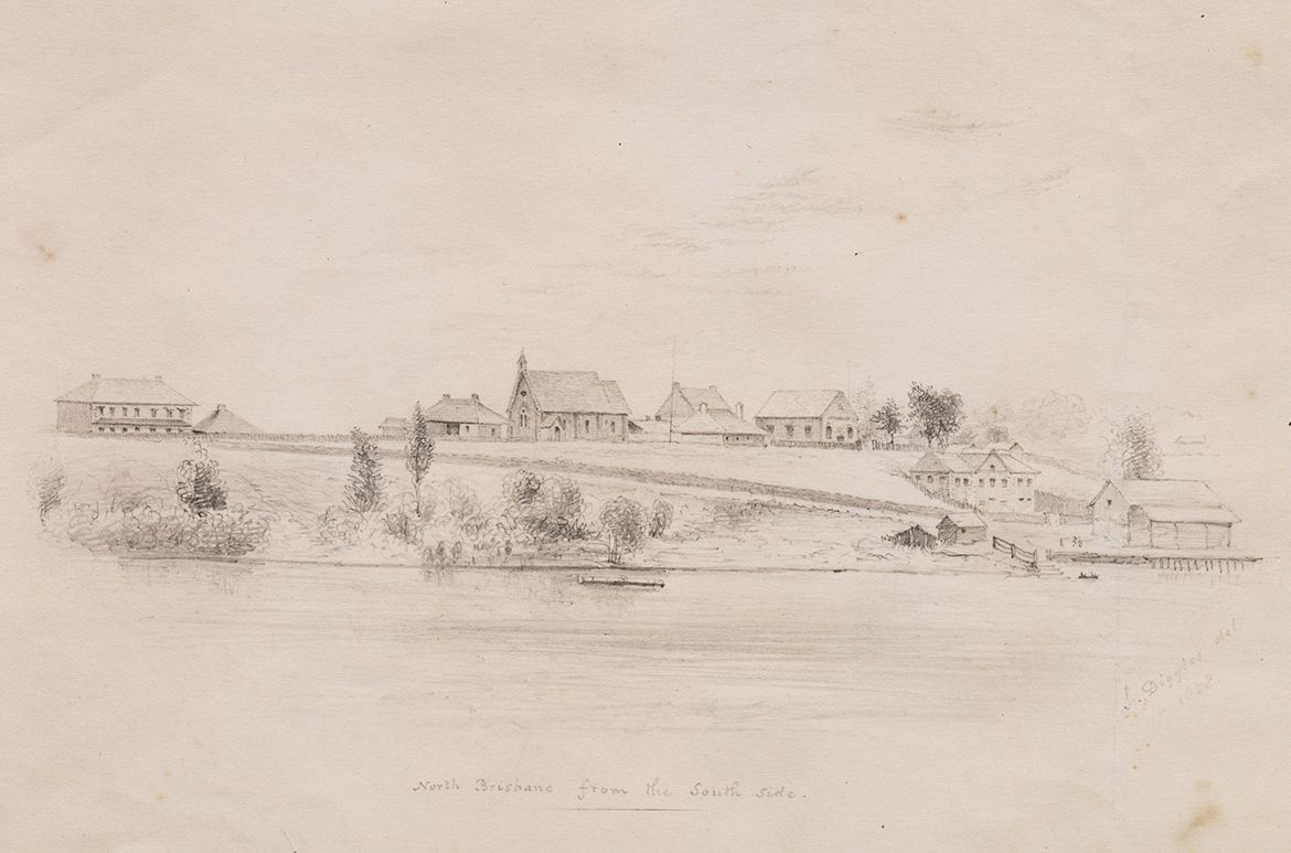 Silvester Diggles, England/Australia 1817–80 / North Brisbane from the south side 1858 / Pencil / 21.6 x 26.8cm / Acquired before 1959 / Collection: Queensland Art Gallery | Gallery of Modern Art