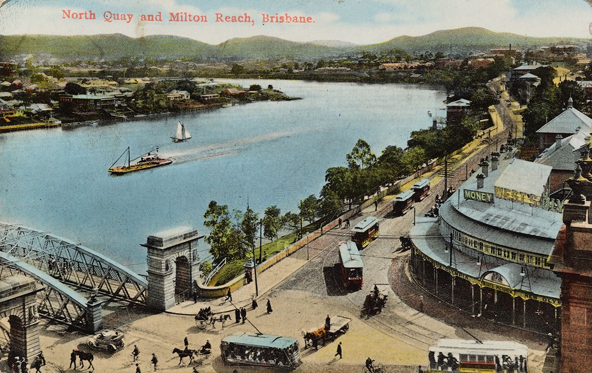 Unknown, Australia / North Quay and Milton Reach, Brisbane (from ‘White Series’) c.1905 / Postcard: Colour lithograph on paper / 8.7 x 13.8cm / Acc. 2014.033 / Gift of Glenn R Cooke through the Queensland Art Gallery | Gallery of Modern Art Foundation 2014 / Collection: Queensland Art Gallery | Gallery of Modern Art