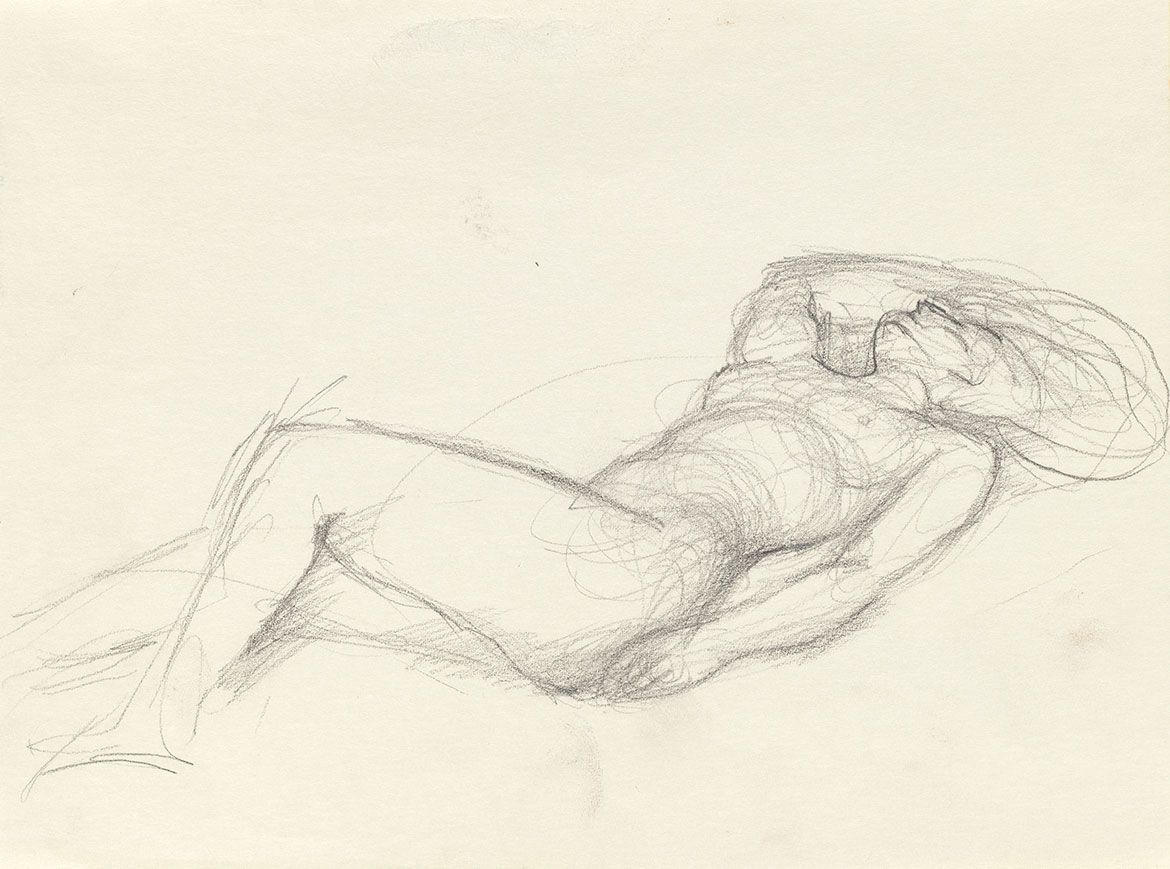 Margaret Cilento, Australia 1923-2006 / Reclining nude c.1970s / Pencil on paper from a spiral bound notebook / 22 x 28cm / Bequest of Margaret Cilento through the Queensland Art Gallery Foundation 2008 / Collection: Queensland Art Gallery | Gallery of Modern Art / © Margaret Cilento Estate
