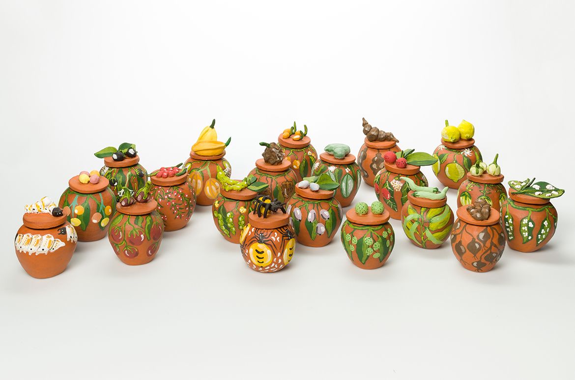 Rona Rubuntja, Potter, Arrernte people, Australia b.1970 / Hermannsburg Potters, Pottery workshop, Australia est. 1990 / ‘Bush tucker’ series 2009 / Earthenware, hand-built terracotta clay with underglaze colours and applied decoration / 13 x 9cm / Purchased 2010 with funds raised through the QAG Foundation Appeal / Collection: Queensland Art Gallery | Gallery of Modern Art / © Rona Rubuntja