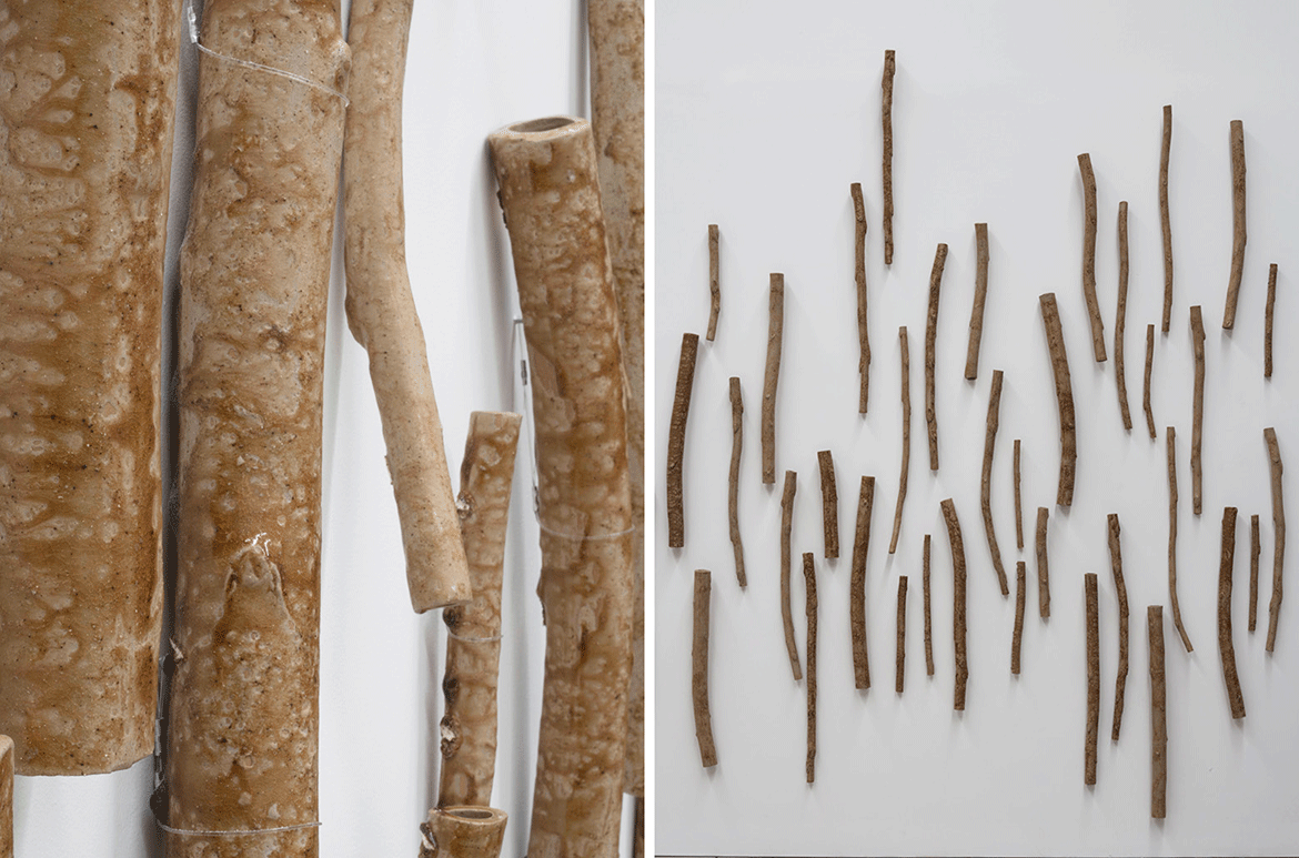 Yasmin Smith, Australia b.1984 / Flooded Rose Red Basin (and detail) 2018 / Yong Chuan slip industrial stoneware with wood (Eucalyptus grandis) ash glaze and Jiajiang bamboo ash glaze / 68 pieces / Purchased 2021 with funds from the Future Collective through the QAGOMA Foundation / Collection: Queensland Art Gallery | Gallery of Modern Art / © Yasmin Smith