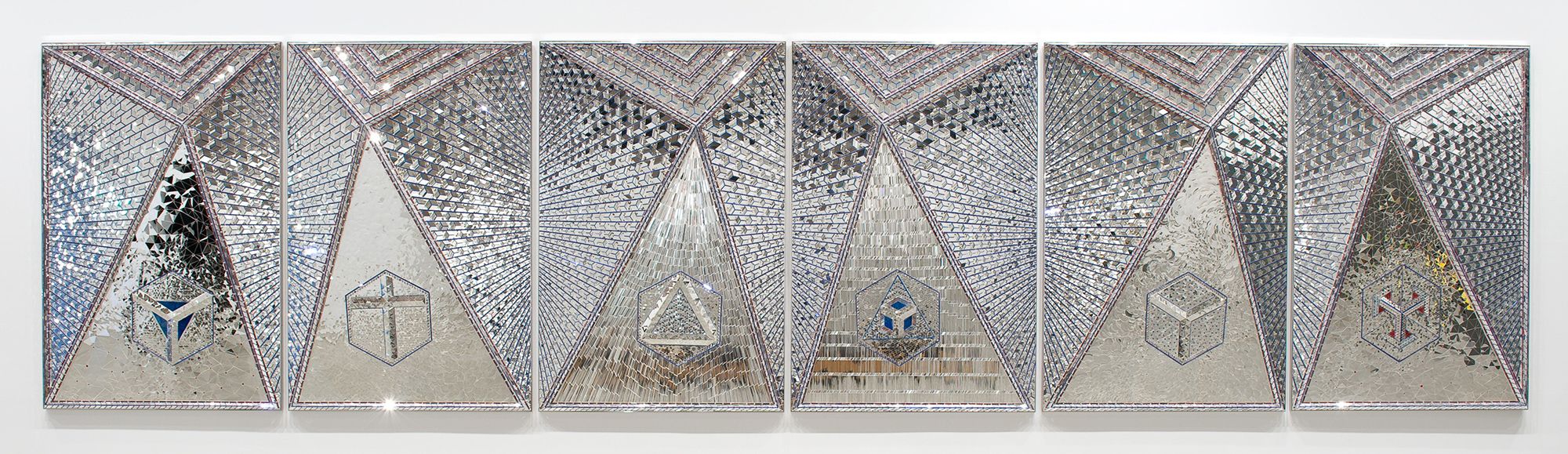 Monir Shahroudy Farmanfarmaian, Iran 1924-2019 / Lightning for Neda 2009 / Mirror mosaic, reverse-glass painting, plaster on wood / Six panels: 300 x 200 x 25cm (each); 300 x 1200 x 25cm (overall) / The artist dedicates this work to the loving memory of her late husband Dr Abolbashar Farmanfarmaian. Purchased 2009. QAG Foundation / Collection: Queensland Art Gallery | Gallery of Modern Art / © Monir Shahroudy Farmanfarmaian Estate