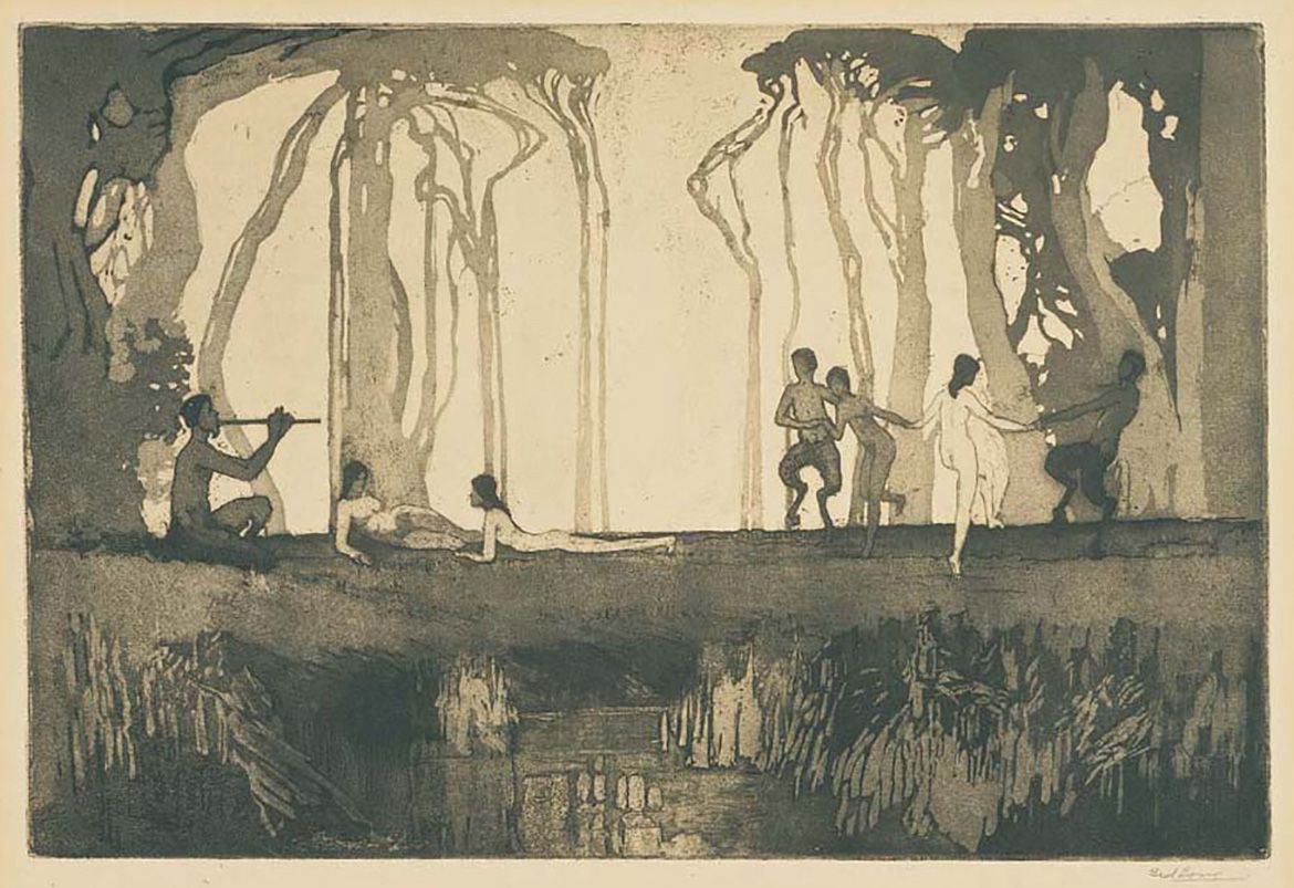 Sydney Long, Australia 1871-1955 / Pan c.1919 / Etching and aquatint on yellowed wove paper / 27.8 x 41.7cm (comp.) / Gift of Mrs Kathleen Simpson in memory of her husband 1950 / Collection: Queensland Art Gallery | Gallery of Modern Art