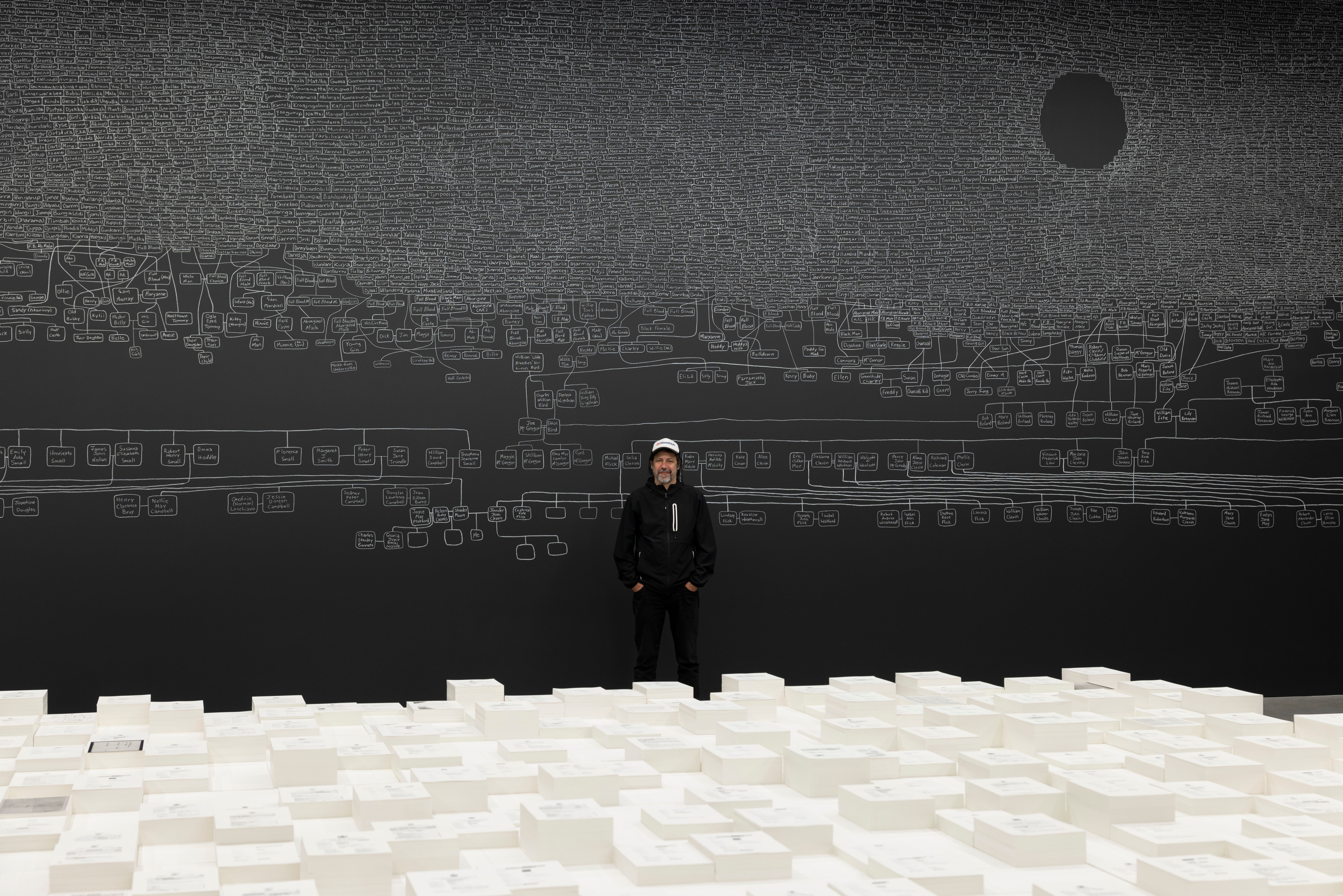 Archie Moore with kith and kin (installation view, Australia Pavilion, Venice Biennale) 2024 / Presented to QAGOMA and Tate by Creative Australia on behalf of the Australian Government 2024 / Collection: Queensland Art Gallery | Gallery of Modern Art / © Archie Moore / Photograph: Andrea Rossetti / Image courtesy: The artist and The Commercial, Sydney