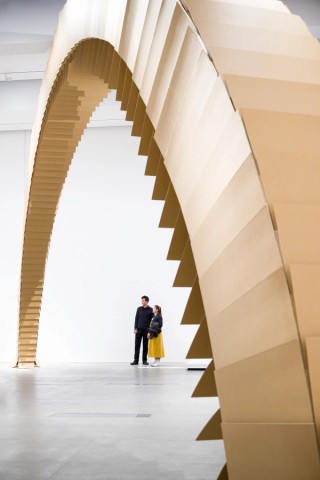 Tobias Putrih, Slovenia b.1972 / Connection 2004 / Cardboard / 740cm (height) (variable to a maximum height of 800cm) / Purchased 2008 with funds from Tim Fairfax AM through the QAG Foundation / Collection: Queensland Art Gallery | Gallery of Modern Art / © Tobias Putrih / Photograph: C Callistemon © QAGOMA