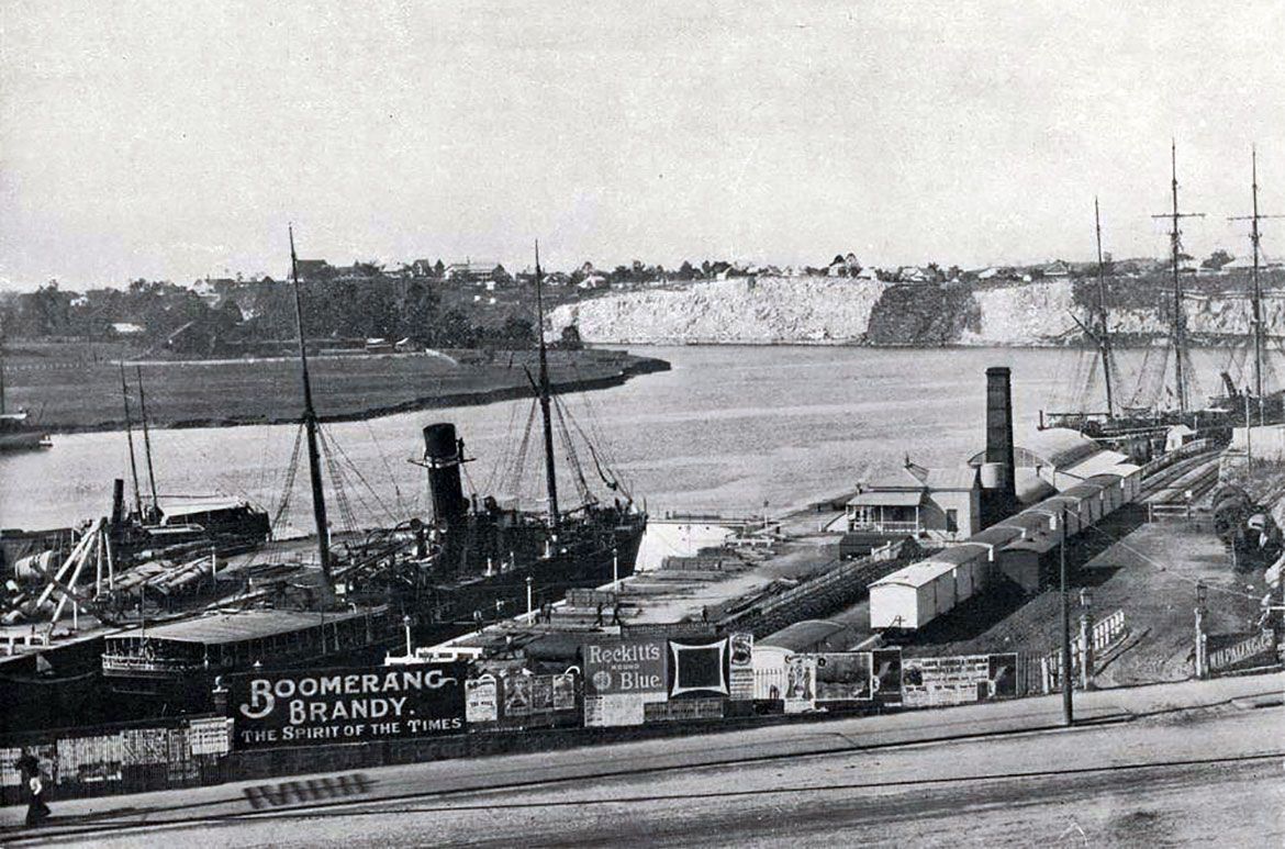 Dry Docks and and adjoining Coal Wharves at South Brisbane looking back to Kangaroo Point Cliffs c.1890 / 240253 / Courtesy: John Oxley Library, State Library of Queensland, Brisbane