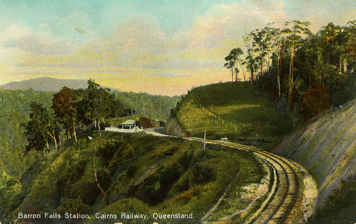 Barron Falls Station, Cairns Railway, Queensland (from ‘Coloured Shell Series’) c.1910 / Postcard: Colour lithograph on paper / 9 x 13.7cm / 1319089 / Courtesy: John Oxley Library, State Library of Queensland, Brisbane