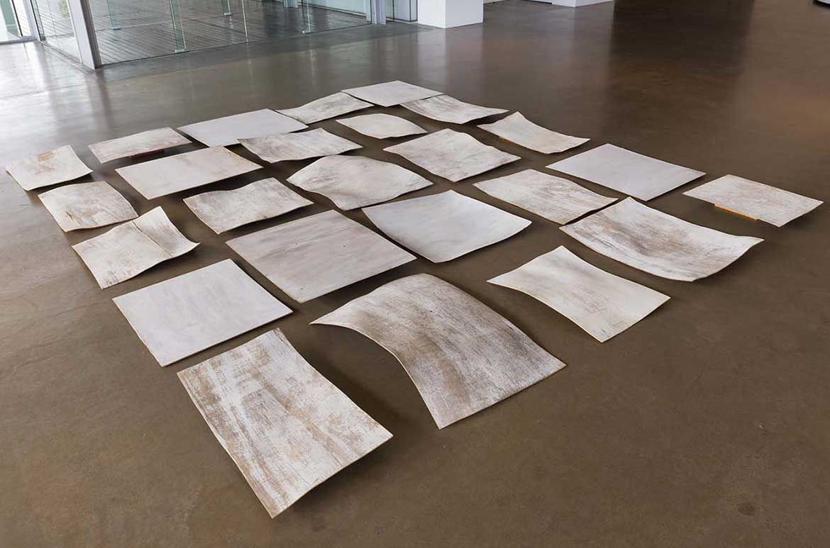 Rosalie Gascoigne, Australia 1917-99 / Overland 1996 / Painted, warped plywood panels on wood blocks / 25 panels and 16 blocks (installed, variable) / Gift in memory of Rosalie and Ben Gascoigne through the QAGOMA Foundation 2014. Donated through the Australian Government’s Cultural Gifts Program / Collection: Queensland Art Gallery / © Rosalie Gascoigne Estate/Licensed by Viscopy / Photograph: Natasha Harth © QAGOMA