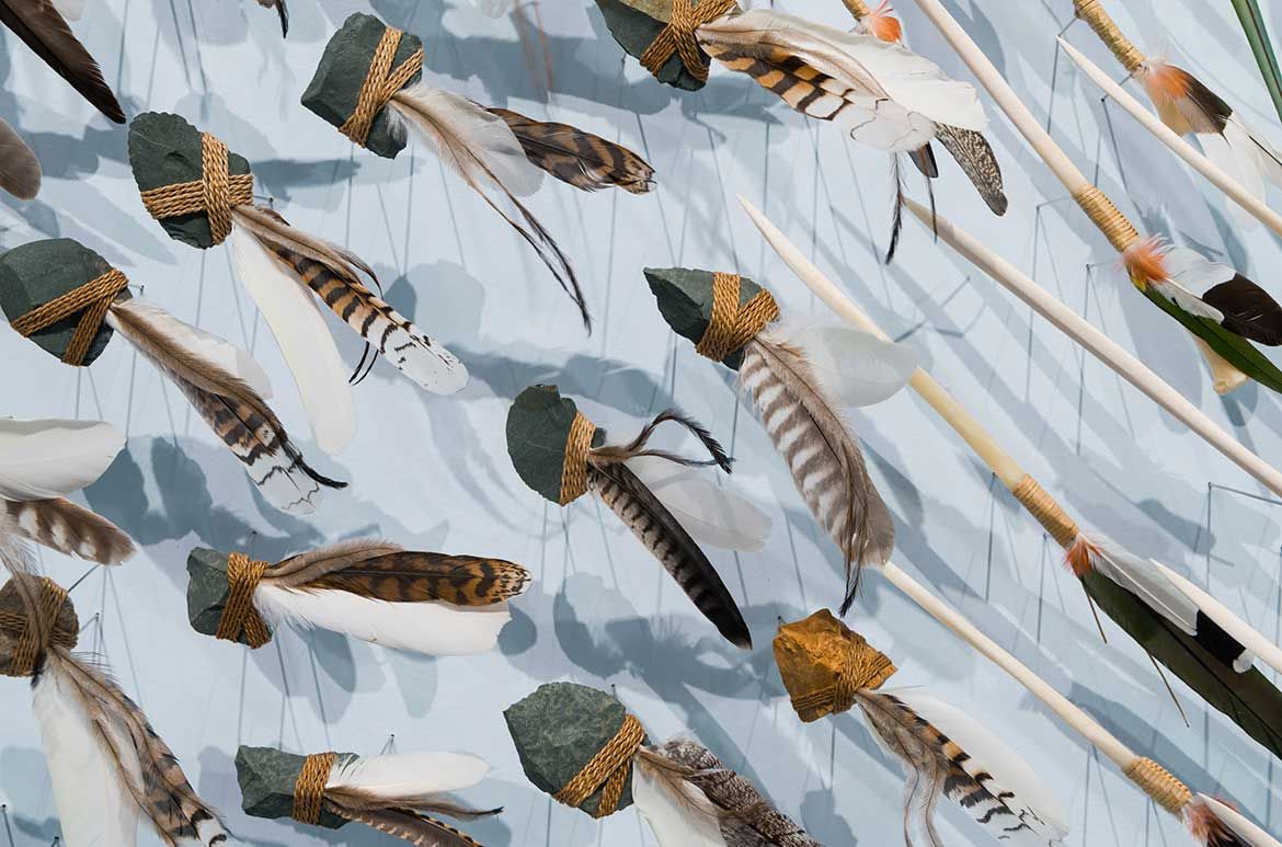 Jonathan Jones, Wiradjuri/Kamilaroi peoples, Australia b.1978, with Dr Uncle Stan Grant Snr AM, Wiradjuri people, Australia b.1940 / (untitled) giran (detail) 2018 / Bindu-gaany (freshwater mussel shell), gabudha (rush), gawurra (feathers), marrung dinawan (emu egg), walung (stone), wambuwung dhabal (kangaroo bone), wayu (string), wiiny (wood), 48-channel soundscape / Sound design: Luke Mynott, Sonar Sound / Purchased 2018 with funds from Tim Fairfax AC through the Queensland Art Gallery | Gallery of Modern Art Foundation / Collection: Queensland Art Gallery | Gallery of Modern Art / © The artists / Photograh: N Harth © QAGOMA / This project was assisted by the Australian Government through the Australia Council, its arts funding and advisory body; the NSW Government through Create NSW; the Copyright Agency Cultural Fund; and by Carriageworks through the Solid Ground program.