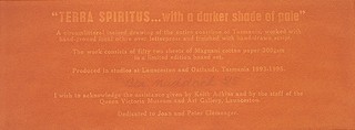 MADDOCK, Bea
Australia b.1934
TERRA SPIRITUS … with a darker shade of pale
1993-98
Incised drawings, worked with hand-ground natural pigments over letterpress
and finished with hand-drawn script
on Magnani paper
ed. 5/5
51 sheets: 28.3 x 76cm (each); title page: 28.3 x 76cm
51 sheets: 28.3 x 76cm (each comp.); title page: 28.3 x 76cm (comp.)
Acc. 1999.116a-yy
Purchased 1999. Queensland Art Gallery Foundation Grant