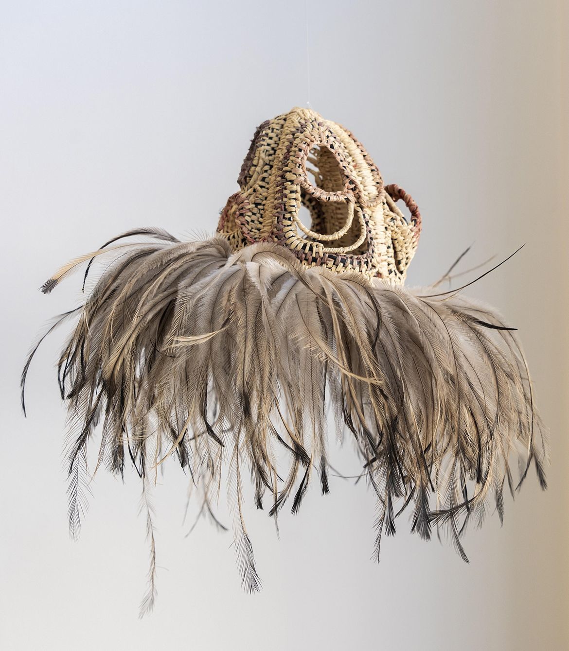 Kim Ah Sam, Kalkadoon, Kuku Yalanji people, Australia b.1967 / Where our journey takes us (detail, Outer Space Window Gallery, Brisbane) 2022 / Twine, raffia, bamboo and emu feathers / © Kim Ah Sam / Image courtesy: Outer Space and Kim Ah Sam / Photograph: Louis Lim