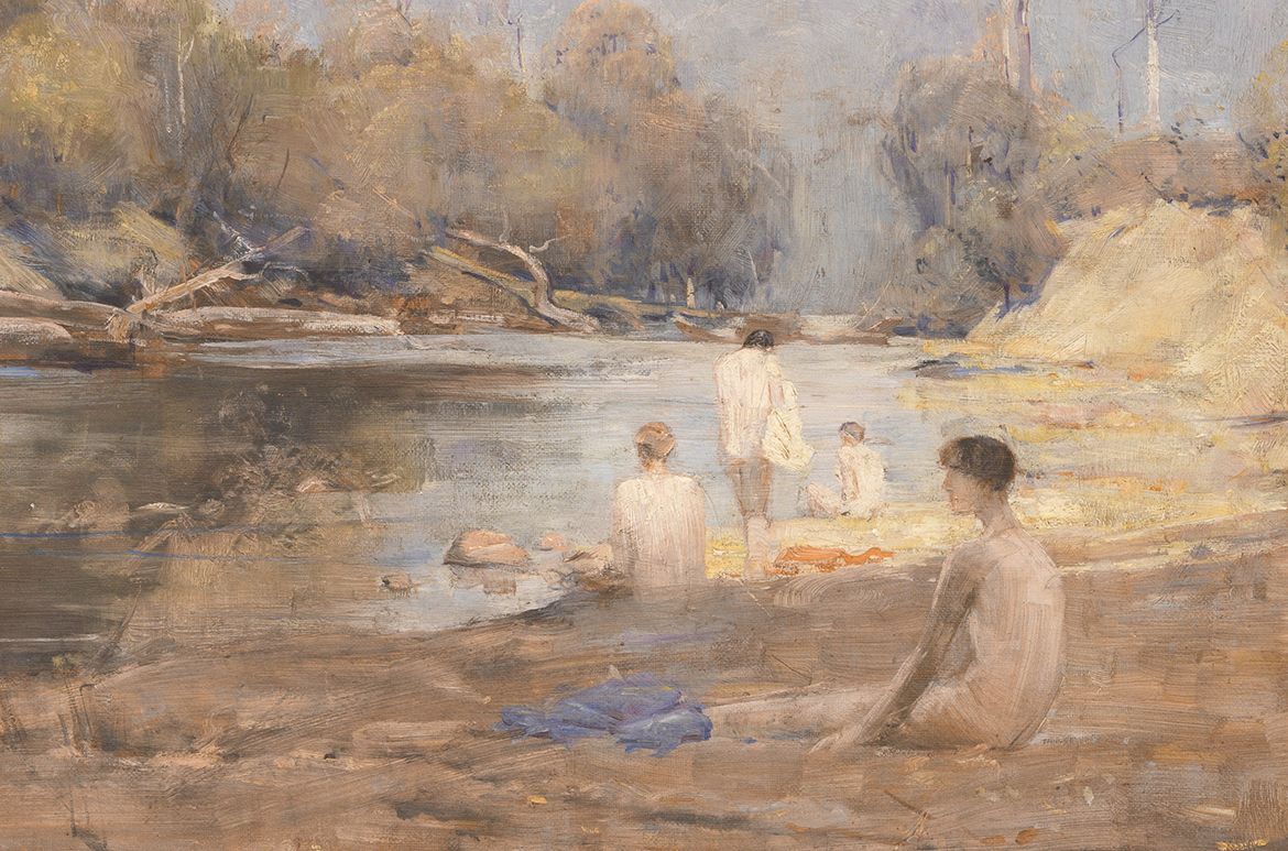 Arthur Streeton, Australia 1867-1943 / The bathers 1891 / Oil on canvas / 31.2 x 62.6 cm / Purchased 1951. Maria Theresa Treweeke Bequest / Collection: Queensland Art Gallery | Gallery of Modern Art