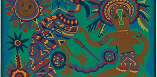 Mathias Kauage, Papua New Guinea, 1944–2003 / Meri spearim muruk (Woman spears cassowary) 1973 / Enamel on composition board / 90 x 121cm / Gift of Alan and Robyn Pierce through the Queensland Art Gallery | Gallery of Modern Art Foundation 2019 / Collection: Queensland Art Gallery | Gallery of Modern Art / © Estate of Mathias Kauage