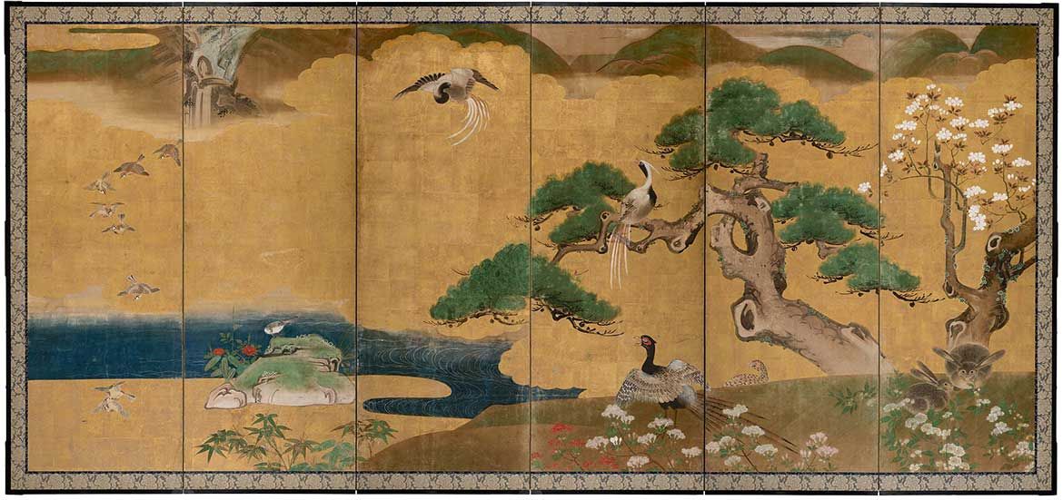 Kanō School, Japan / Pair of six-fold screens with birds and rabbits 17th century / Gold leaf, ink and colour on paper on wooden framed screens /168.5 x 358cm / Gift of James Fairfax AC through the Queensland Art Gallery | Gallery of Modern Art Foundation 2018 / Collection: Queensland Art Gallery | Gallery of Modern Art