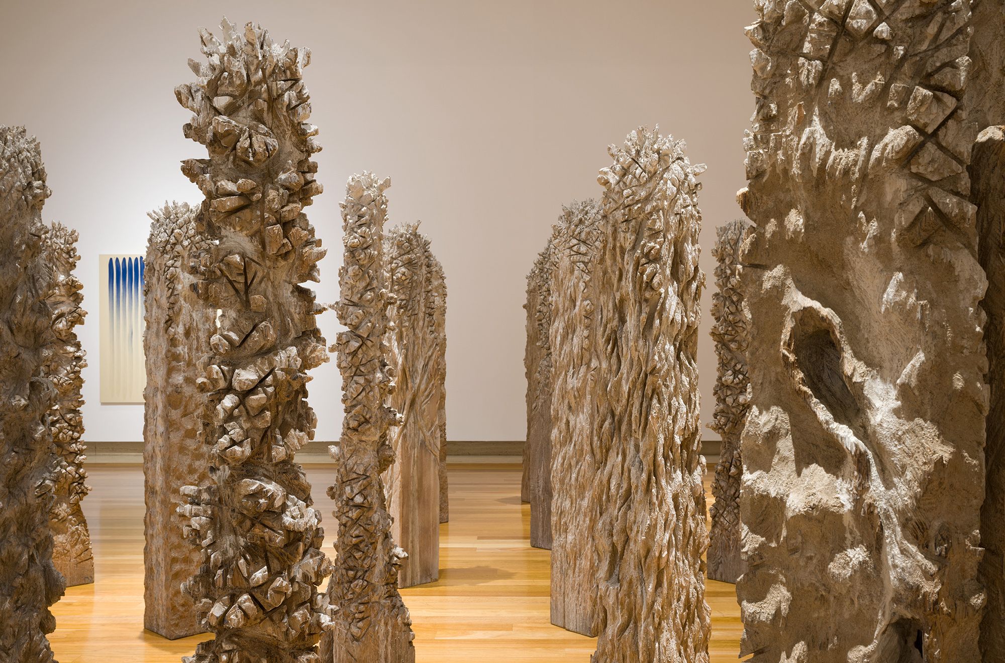 A view of Shigeo Toya’s Woods III 1991-92 (The Kenneth and Yasuko Myer Collection of Contemporary Asian Art. Purchased 1994 with funds from The Myer Foundation and Michael Sidney Myer through the QAG Foundation and with the assistance of the International Exhibitions Program) with Lee Ufan’s From line (private collection), QAG, March 2024 / Photograph: Chloë Callistemon © QAGOMA
