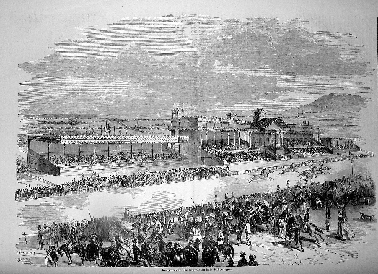 Hippodrome de Longchamp / Inauguration des Courses du bois de Boulogne (Inauguration of the Bois de Boulogne Races) / Published in the 2 May, 1857 edition of the French weekly magazine Le Monde illustré featuring the horse races at the Bois de Boulogne shortly before the formal opening of the Longchamp Hippodrome