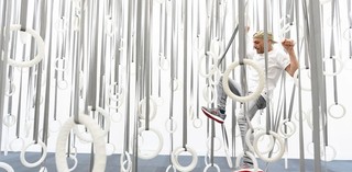 William Forsythe, America, b.1949.The Fact of Matter 2009. Site-specific installation comprising gym rings, fabric straps, gym mat and truss system / Dimensions variable. Pictured: Installation view, The Fact of Matter 2009, Gallery of Modern Art, Brisbane, 2019. Courtesy: The artist. Photograph: Chloë Callistemon. © William Forsythe.