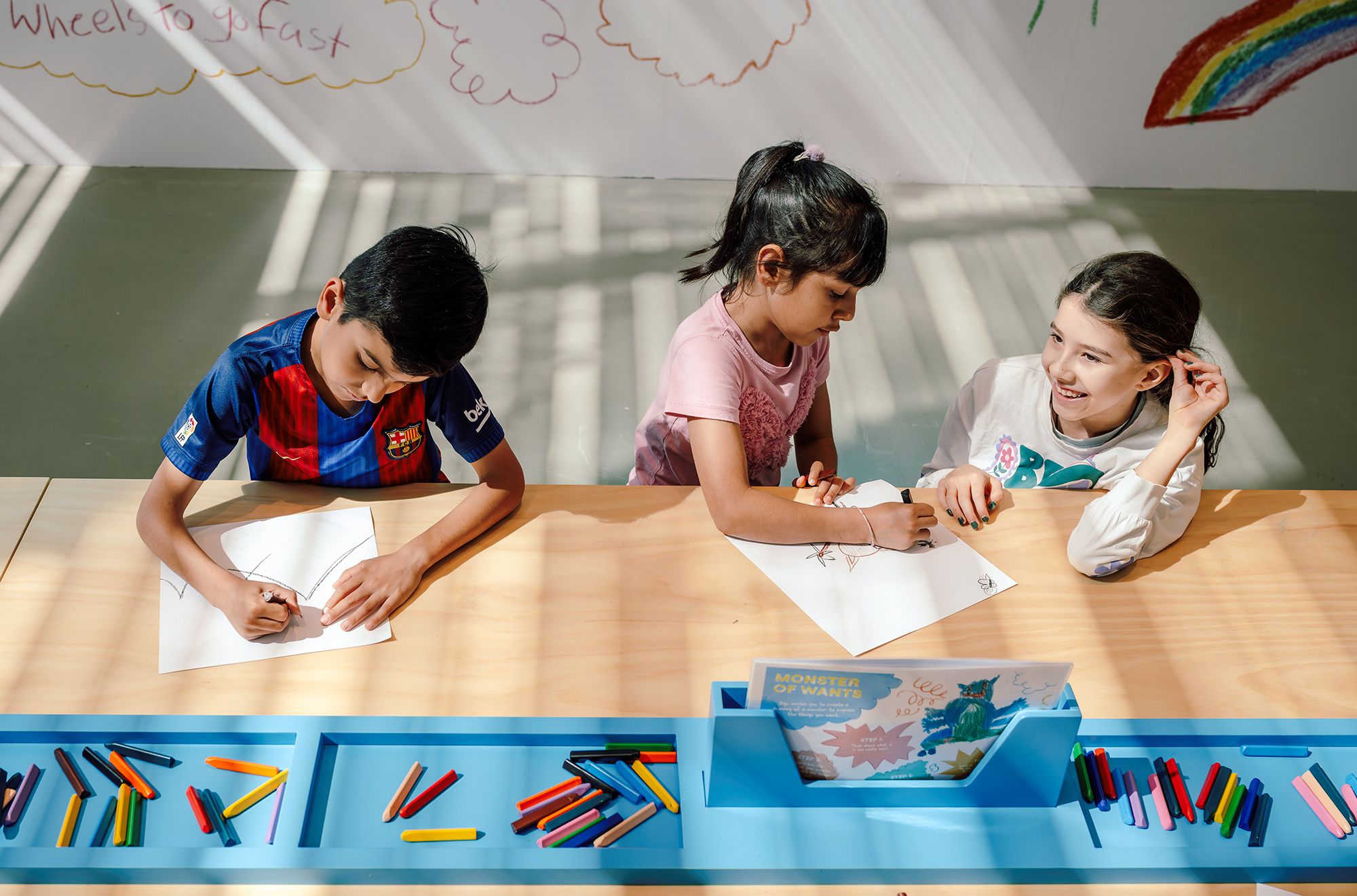 Harold ‘Egn’ Eswar, Malaysia b.1980 / Monster of Wants 2024 / Paper, crayons, vinyl, MDF, paint / A collaboration between Harold ‘Egn’ Eswar and QAGOMA / Commissioned for Asia Pacific Triennial Kids with support from the Tim Fairfax Family Foundation / © Harold ‘Egn’ Eswar / Photograph by J Ruckli © QAGOMA