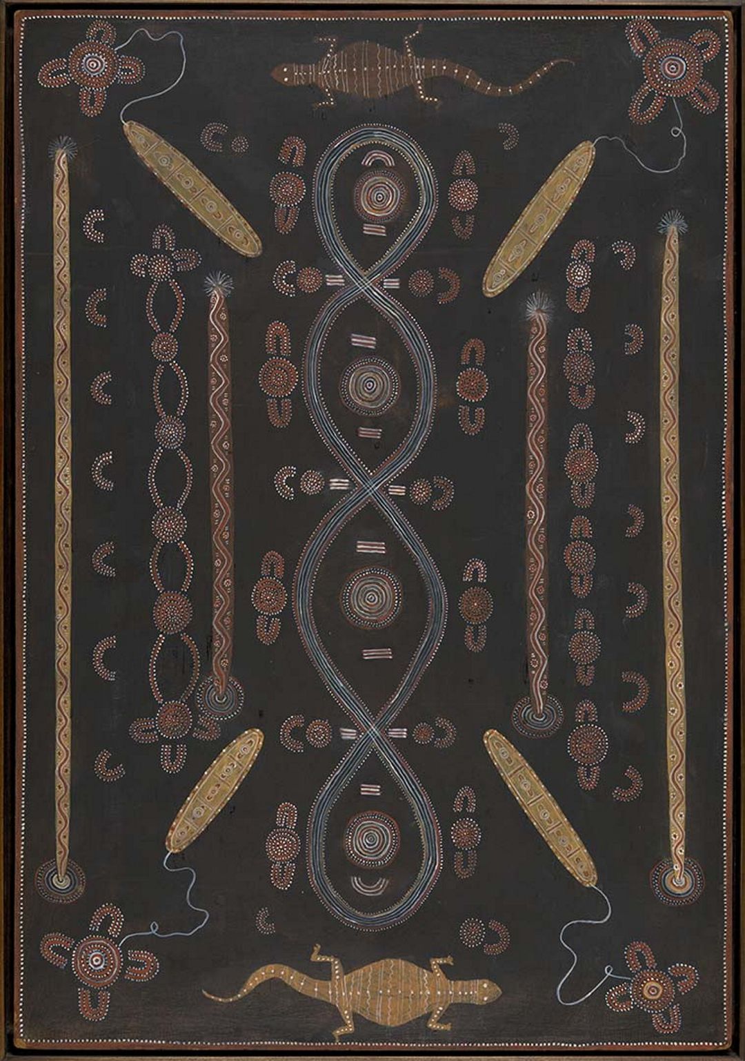 Kaapa Mbitjana Tjampitjinpa, Anmatyerre/Arrernte people, Australia c.1925 - 1989 / Untitled (Goanna Story) 1971 / Synthetic polymer paint on composition board / 78.5 x 54.5cm / Purchased 2020 with the support of the Australian Government through the National Cultural Heritage Account and the Queensland Art Gallery | Gallery of Modern Art Foundation / Collection: Queensland Art Gallery | Gallery of Modern Art / © Estate of Kaapa Mbitjana Tjampitjinpa/Licensed by Aboriginal Artists Agency