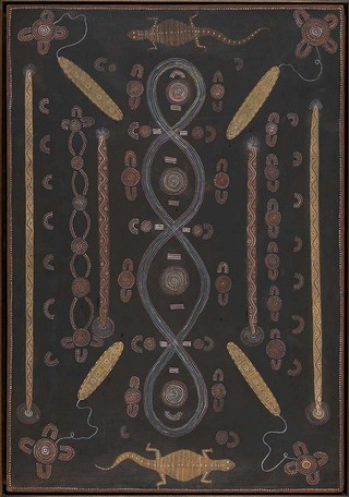 Kaapa Mbitjana Tjampitjinpa, Anmatyerre/Arrernte people, Australia c.1925 - 1989 / Untitled (Goanna Story) 1971 / Synthetic polymer paint on composition board / 78.5 x 54.5cm / Purchased 2020 with the support of the Australian Government through the National Cultural Heritage Account and the Queensland Art Gallery | Gallery of Modern Art Foundation / Collection: Queensland Art Gallery | Gallery of Modern Art / © Estate of Kaapa Mbitjana Tjampitjinpa/Licensed by Aboriginal Artists Agency