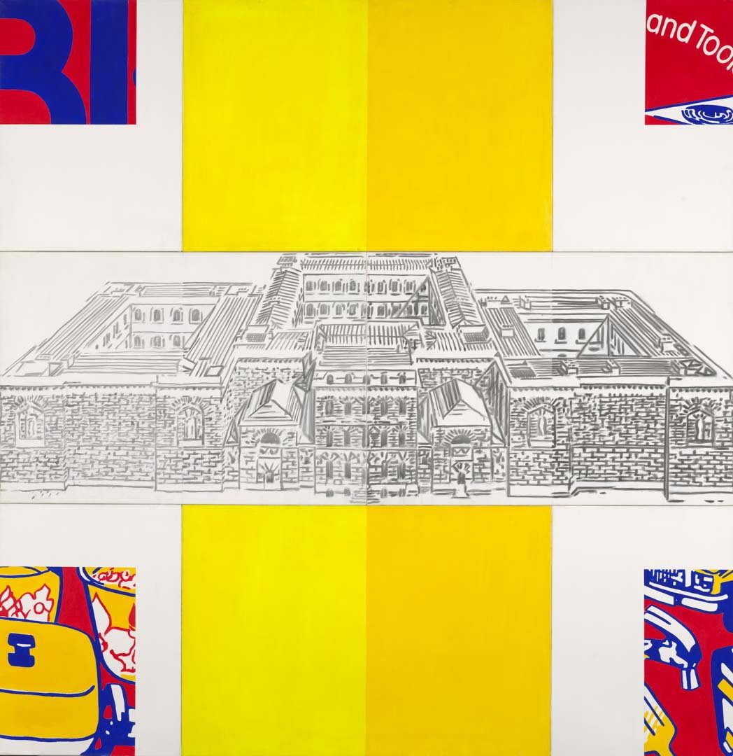 Richard Dunn, Australia 1944–2024 / Surveillance and Punishment (Newgate) 1987–88 / Synthetic polymer paint on canvas / Eight parts: 228 x 224cm (overall) / Gift of Suzanne Davies in loving memory of Richard Dunn through the QAGOMA Foundation 2025. Donated through the Australian Government’s Cultural Gifts Program / Collection: Queensland Art Gallery | Gallery of Modern Art / © Richard Dunn Estate