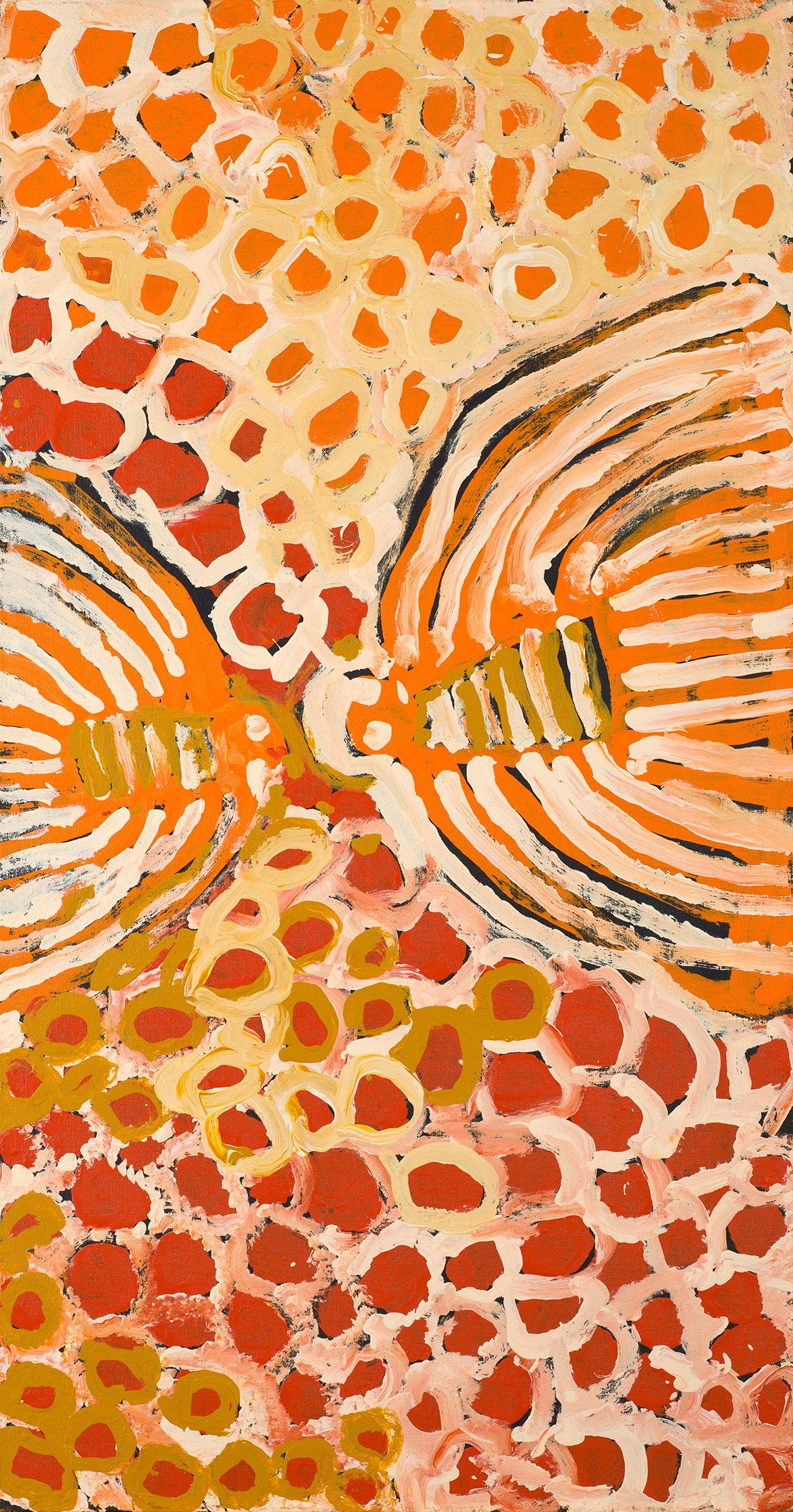 Harry Tjutjuna, Pitjantjatjara people, Australia b.1930 / Wati Wanka (Spider) 2011 / Synthetic polymer paint on linen / Gift of Glenn Manser through the Queensland Art Gallery | Gallery of Modern Art Foundation 2013. Donated through the Australian Government’s Cultural Gifts Program / Collection: Queensland Art Gallery / © Harry Tjutjuna / Courtesy: Ninuku Arts