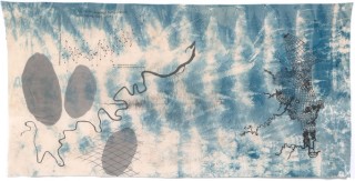 Judy Watson, Waanyi people, Australia b.1959 / moreton bay rivers, australian temperature chart, freshwater mussels, net, spectrogram 2022 / Indigo dye, graphite, synthetic polymer paint, waxed linen thread and pastel on cotton / 248 x 490.5cm / Purchased with funds from the 2023 QAGOMA Foundation Appeal, Margaret Mittelheuser AM and Cathryn Mittelheuser AM / Collection: Queensland Art Gallery | Gallery of Modern Art / © Judy Watson/Copyright Agency