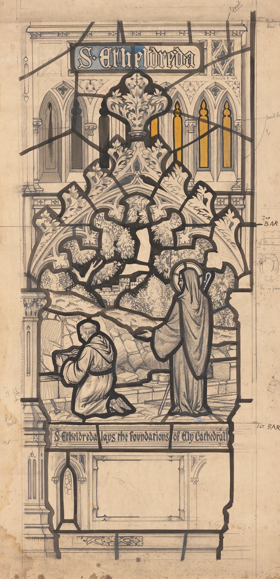 William Bustard, Australia 1894 -1973 / Sketch for stained glass window, St John’s Cathedral, Brisbane (St. Etheldreda) / Pencil and watercolour on paper / 115 x 50.5cm / Gift of the John Oxley Library, Brisbane 1977 / Collection: Queensland Art Gallery | Gallery of Modern Art / © William Bustard Estate